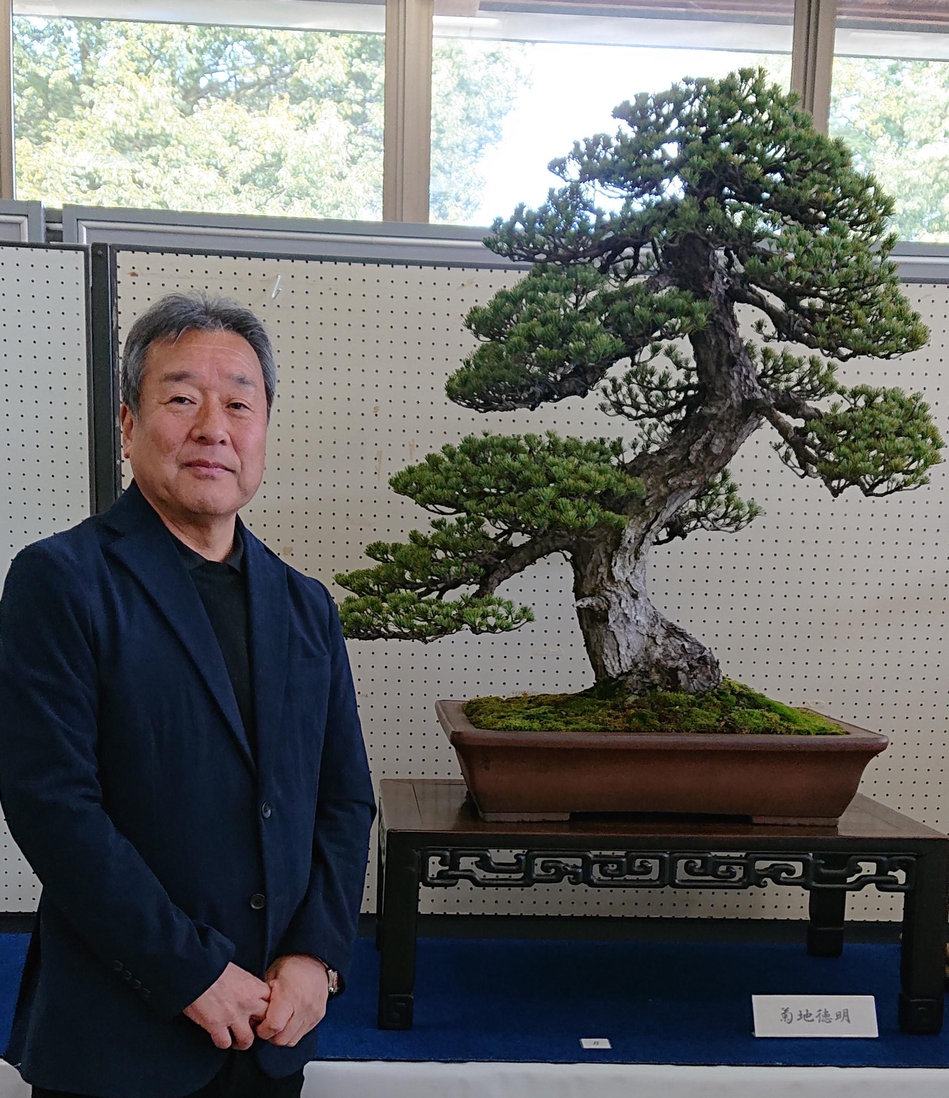 国風盆栽展出品者の菊地德明さんと推定樹250年のゴヨウマツの写真 国風盆栽展出品者の菊地德明さんと推定樹250年のゴヨウマツの写真